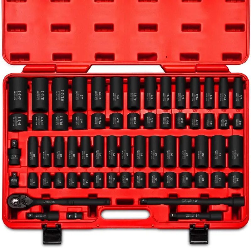 02448A 65-Piece 1/2" Drive Impact Socket Set – SAE and Metric Deep and Shallow Sizes with Ratchet and Adapters 2