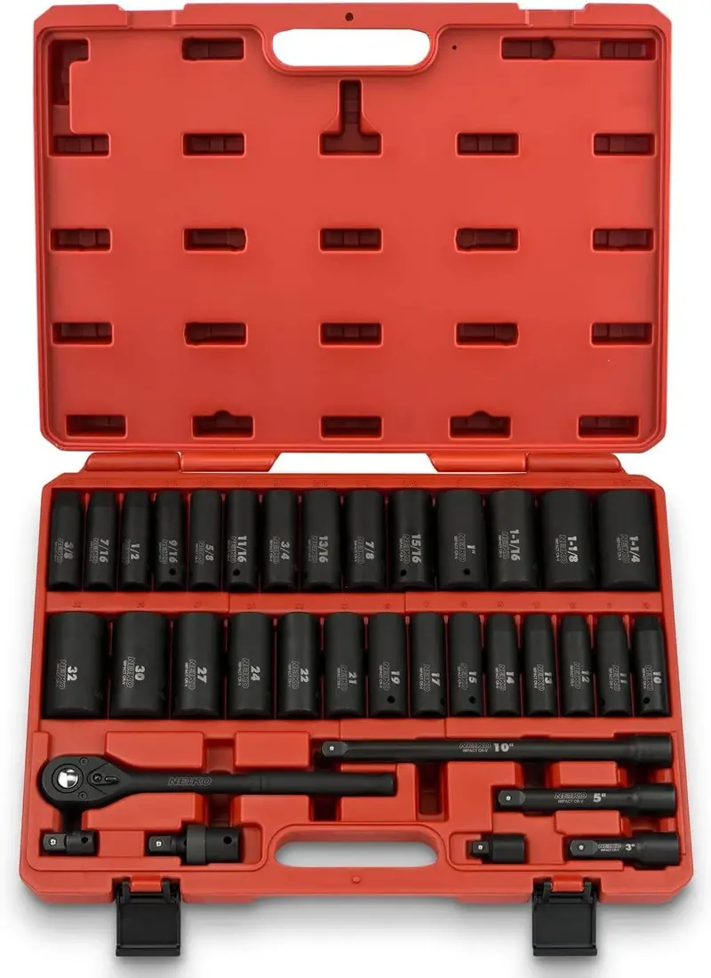 02448A 65-Piece 1/2" Drive Impact Socket Set – SAE and Metric Deep and Shallow Sizes with Ratchet and Adapters
