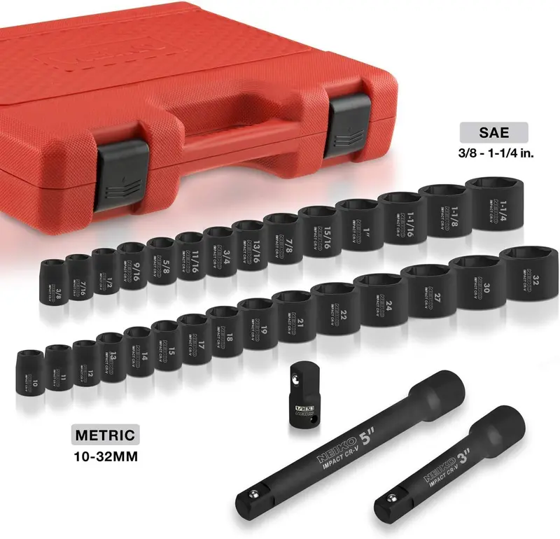 02448A 65-Piece 1/2" Drive Impact Socket Set – SAE and Metric Deep and Shallow Sizes with Ratchet and Adapters