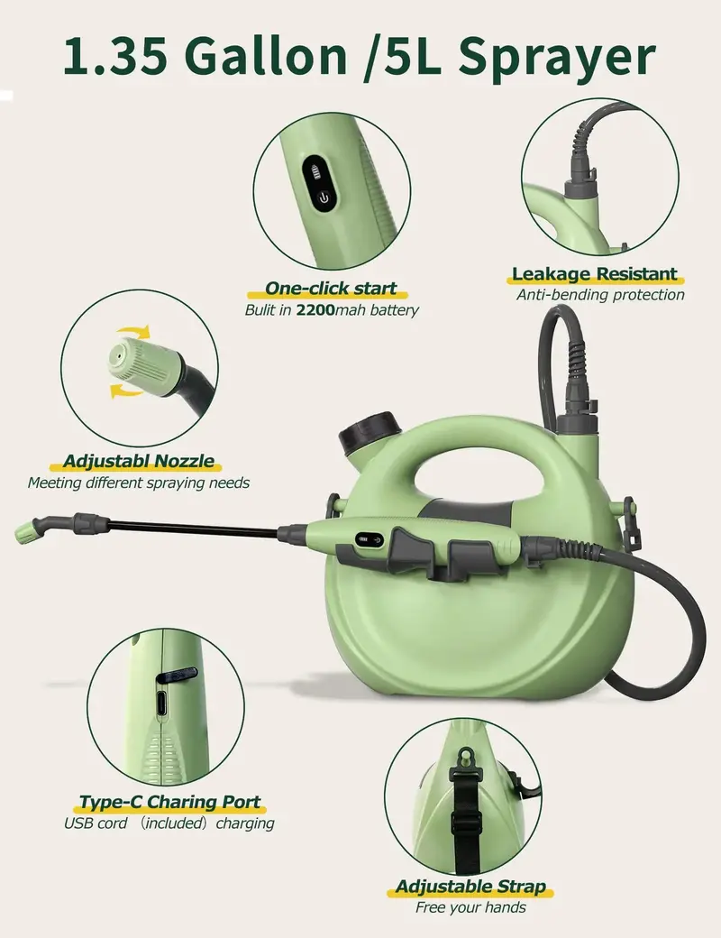 1.35-Gallon Precision Electric Sprayer – USB-Rechargeable Unit with Telescopic Wand and Fine-Tuned Adjustable Nozzle