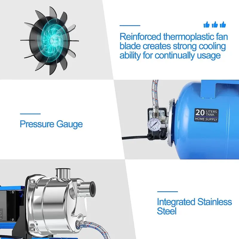 1.6HP Stainless Steel Shallow Well Jet Pump with Pressure Tank – 1268 GPH for Irrigation and Residential Water Supply