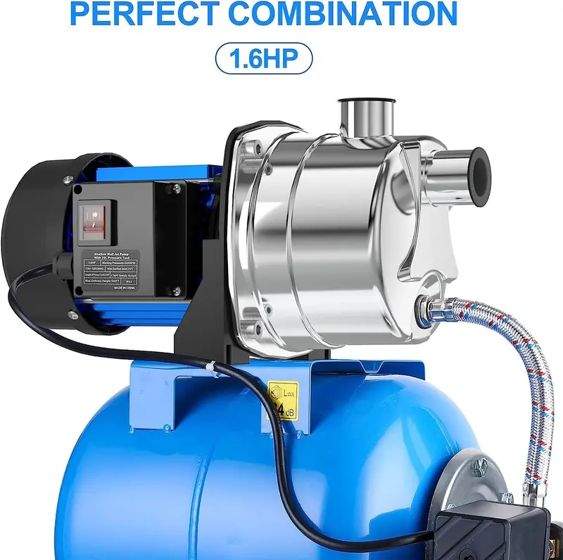 1.6HP Stainless Steel Shallow Well Jet Pump with Pressure Tank – 1268 GPH for Irrigation and Residential Water Supply