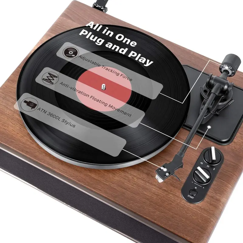 1 by ONE Belt-Drive Turntable – Vinyl Record Player with Integrated High-Fidelity Speakers