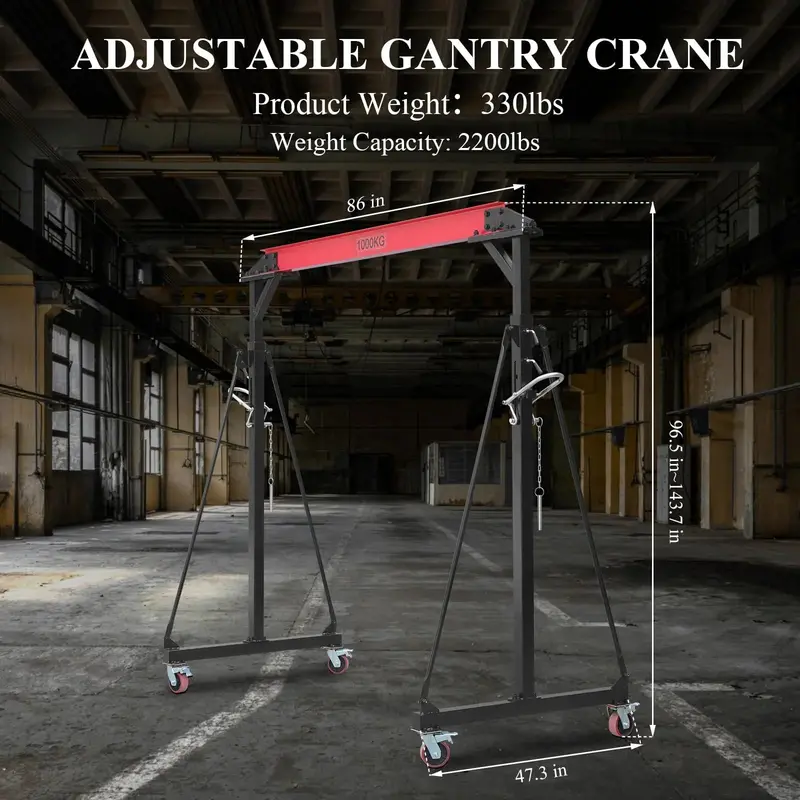 1-Ton Adjustable Gantry Crane with Height-Adjustable Frame (96.5–143.7 in) – 2200 lb Load Capacity 2