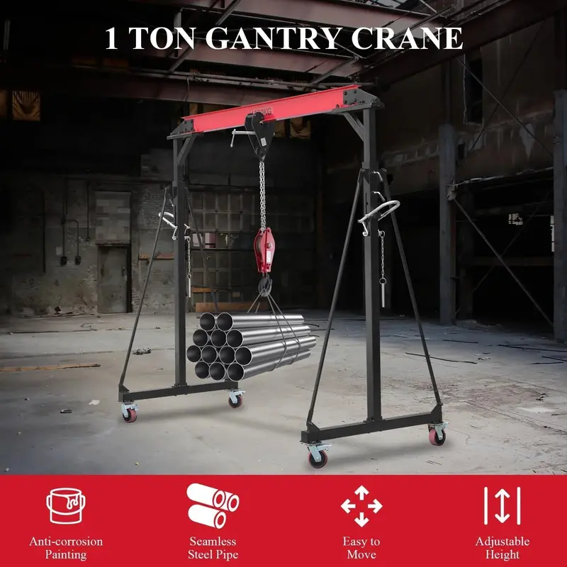 1-Ton Adjustable Gantry Crane with Height-Adjustable Frame (96.5–143.7 in) – 2200 lb Load Capacity