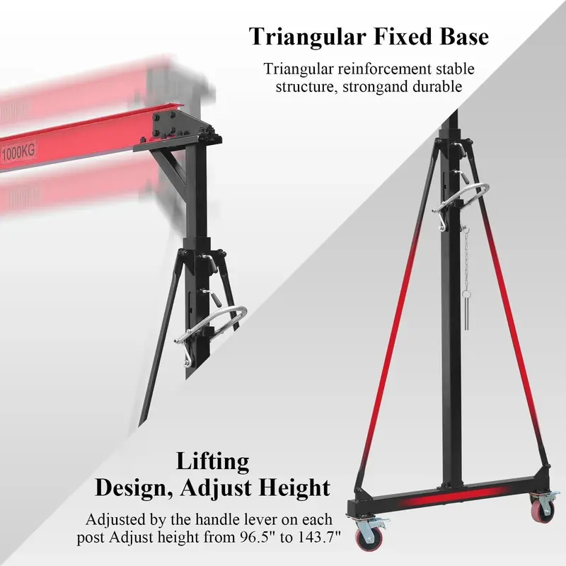 1-Ton Adjustable Gantry Crane with Height-Adjustable Frame (96.5–143.7 in) – 2200 lb Load Capacity