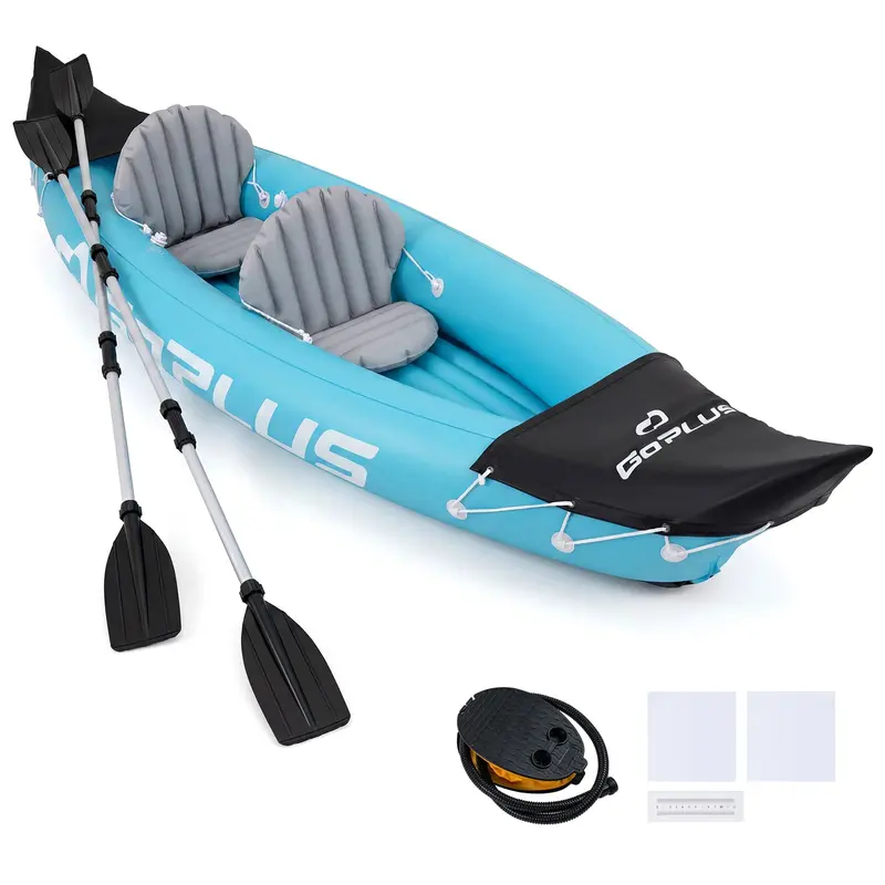 10.5-Foot Inflatable Two-Person Kayak – Features Stabilizing Fin, Adjustable Seats, Aluminum Paddles, and Hand Pump