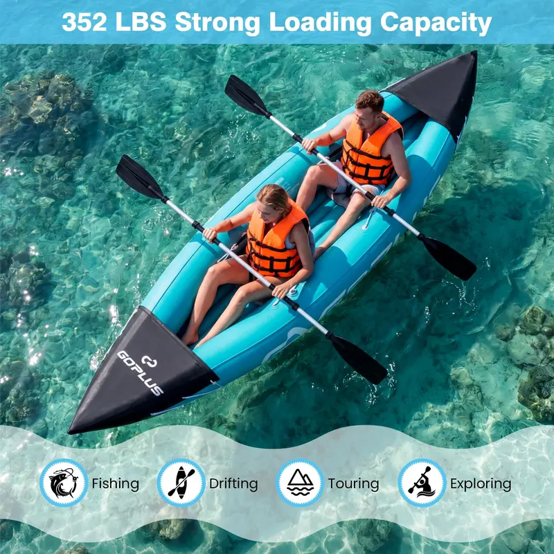 10.5-Foot Inflatable Two-Person Kayak – Features Stabilizing Fin, Adjustable Seats, Aluminum Paddles, and Hand Pump 2