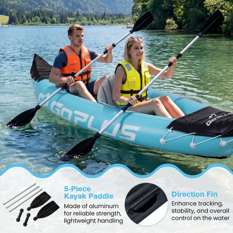 10.5-Foot Inflatable Two-Person Kayak – Features Stabilizing Fin, Adjustable Seats, Aluminum Paddles, and Hand Pump