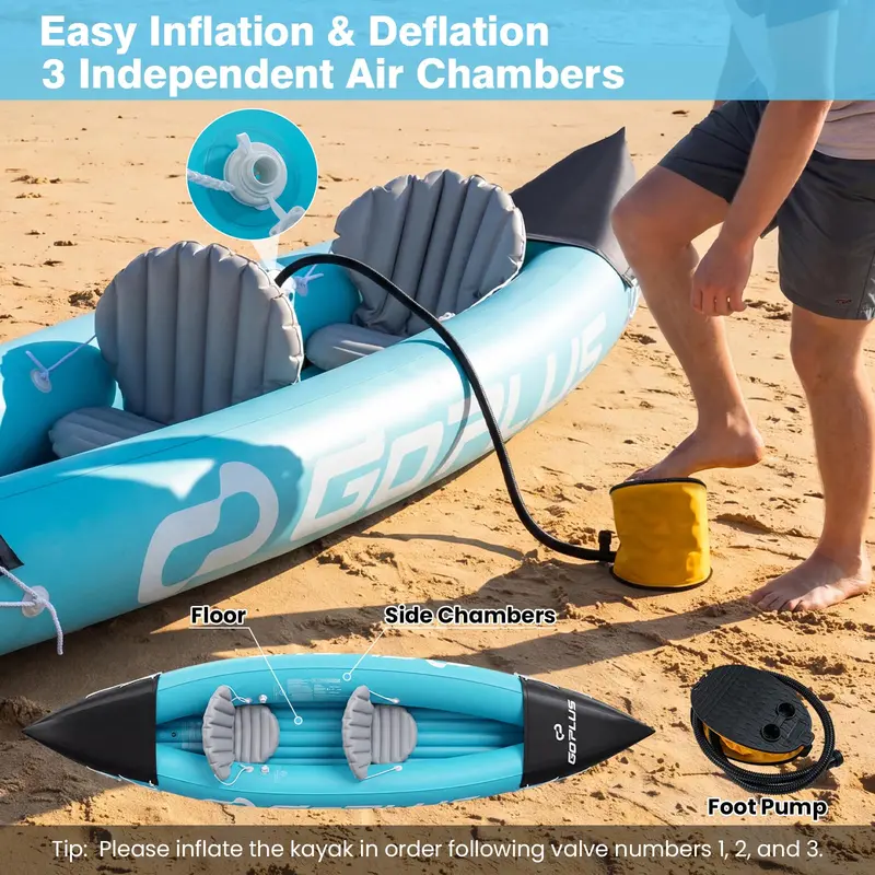 10.5-Foot Inflatable Two-Person Kayak – Features Stabilizing Fin, Adjustable Seats, Aluminum Paddles, and Hand Pump