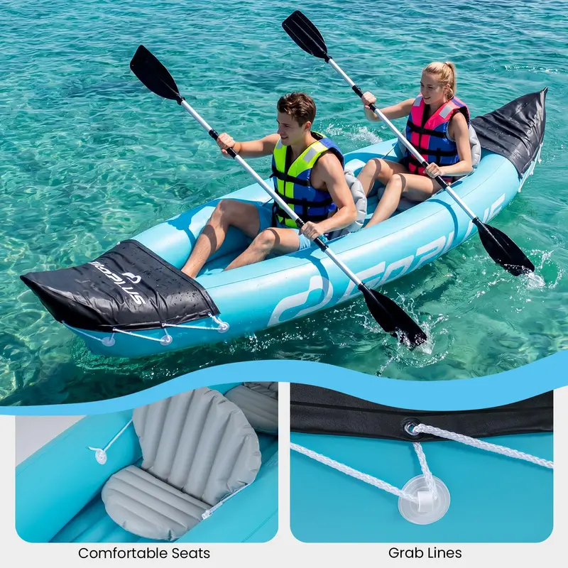 10.5-Foot Inflatable Two-Person Kayak – Features Stabilizing Fin, Adjustable Seats, Aluminum Paddles, and Hand Pump