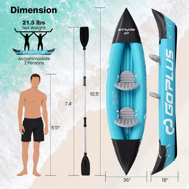 10.5-Foot Inflatable Two-Person Kayak – Features Stabilizing Fin, Adjustable Seats, Aluminum Paddles, and Hand Pump
