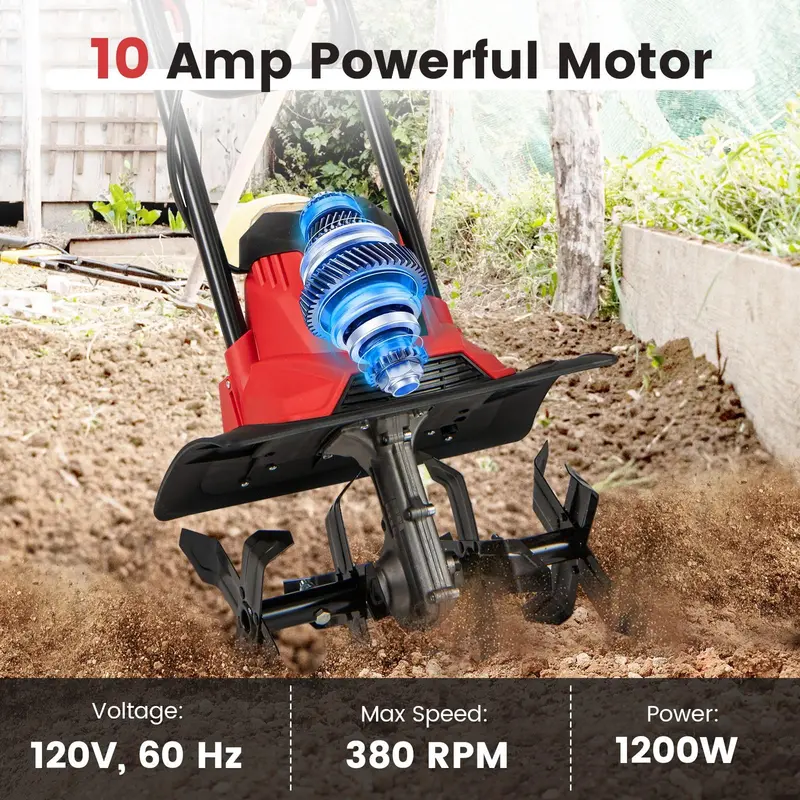 10-Amp Corded Electric Garden Tiller – Foldable Soil Cultivator