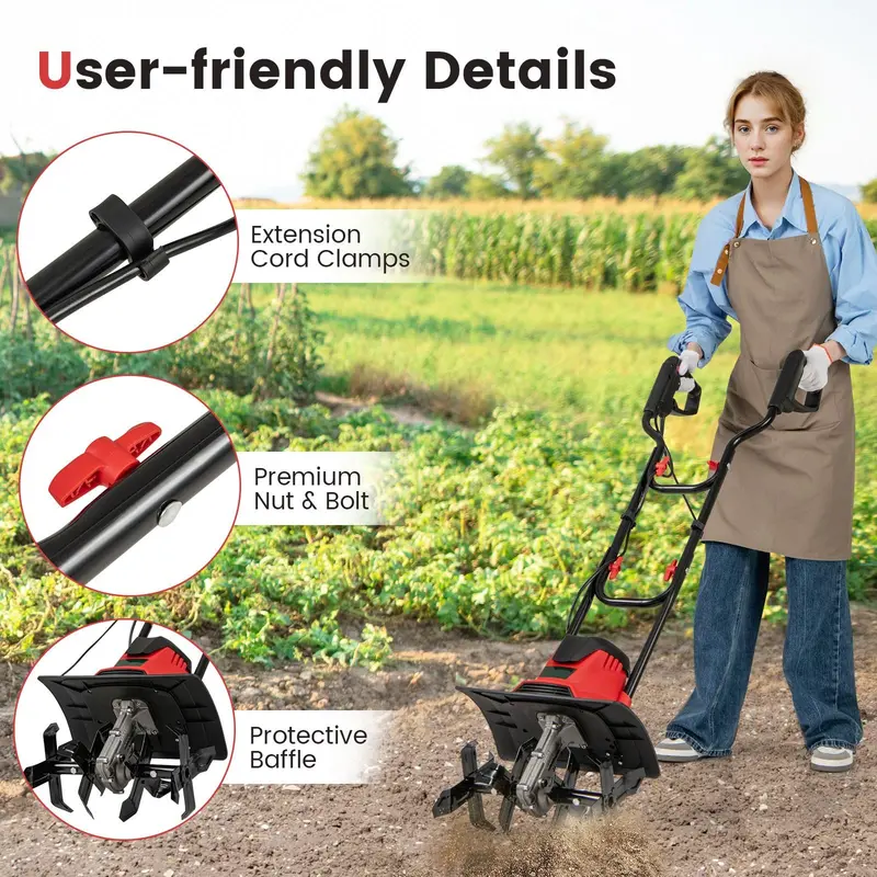 10-Amp Corded Electric Garden Tiller – Foldable Soil Cultivator