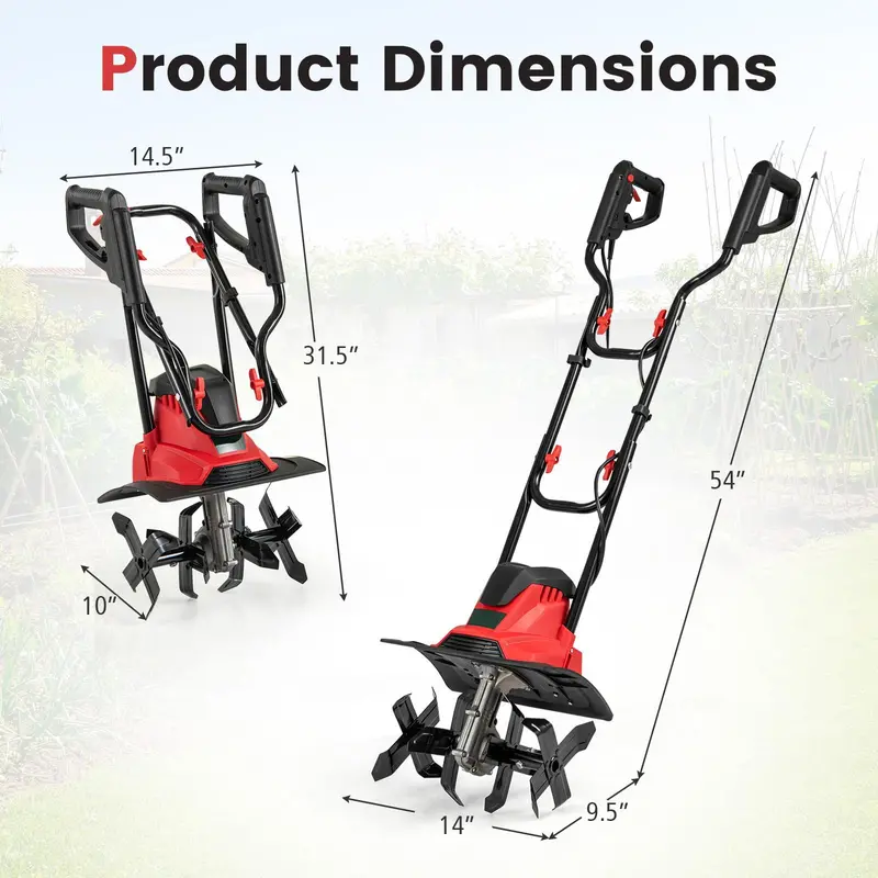 10-Amp Corded Electric Garden Tiller – Foldable Soil Cultivator