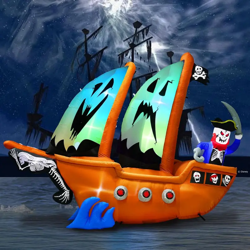 10-Foot Animated Inflatable Pirate Ship with Integrated Lighting for Outdoor Halloween Use