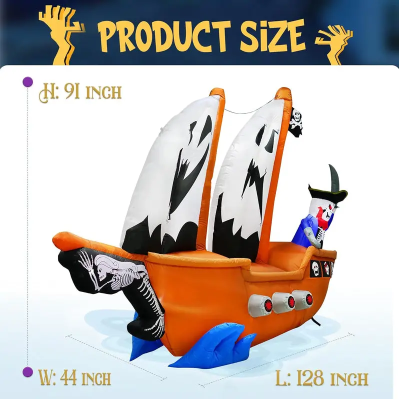 10-Foot Animated Inflatable Pirate Ship with Integrated Lighting for Outdoor Halloween Use