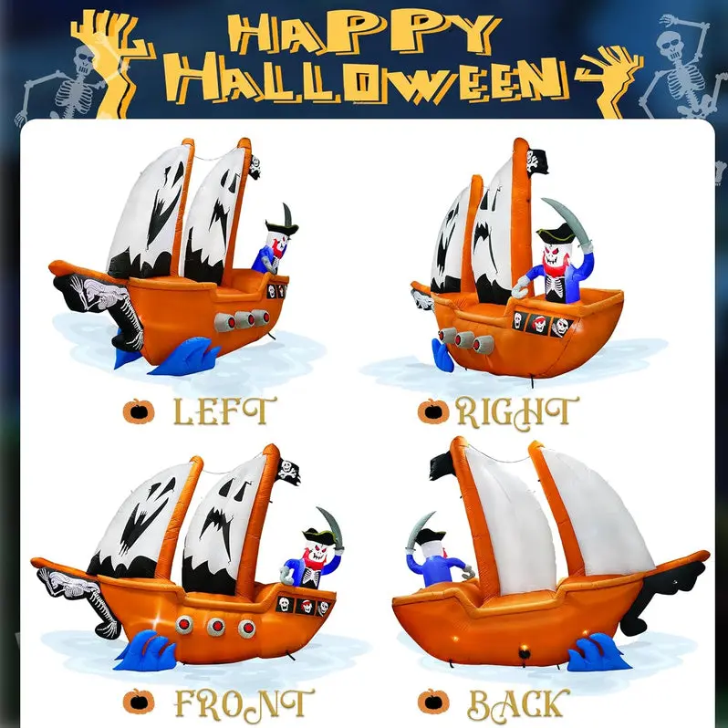 10-Foot Animated Inflatable Pirate Ship with Integrated Lighting for Outdoor Halloween Use
