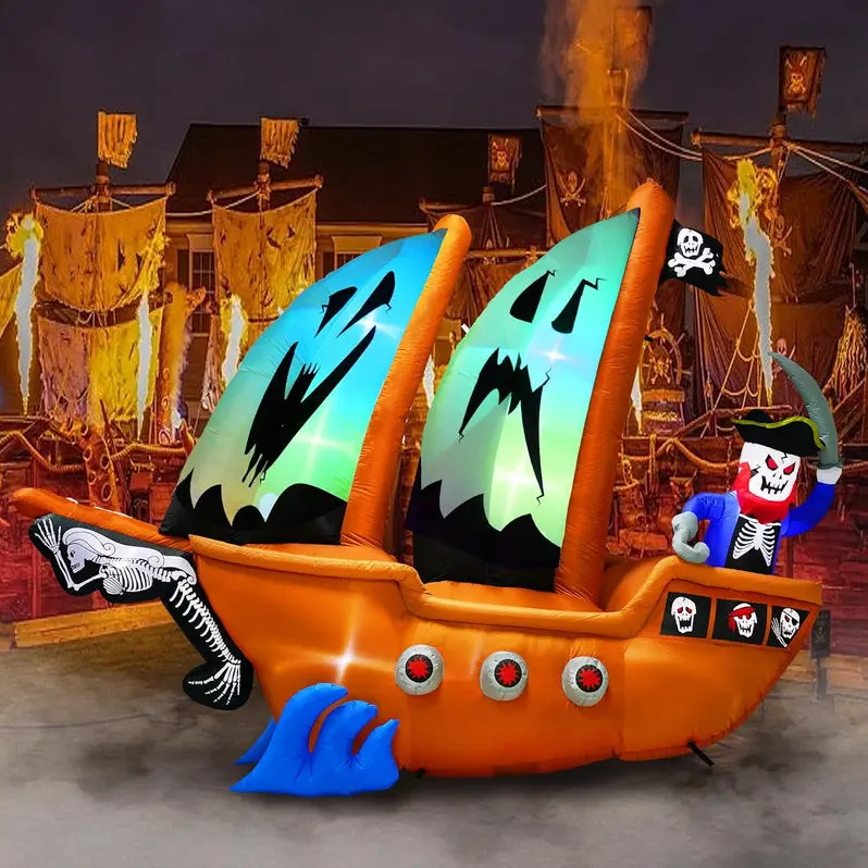 10-Foot Animated Inflatable Pirate Ship with Integrated Lighting for Outdoor Halloween Use