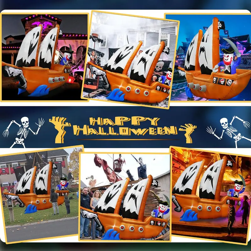 10-Foot Animated Inflatable Pirate Ship with Integrated Lighting for Outdoor Halloween Use