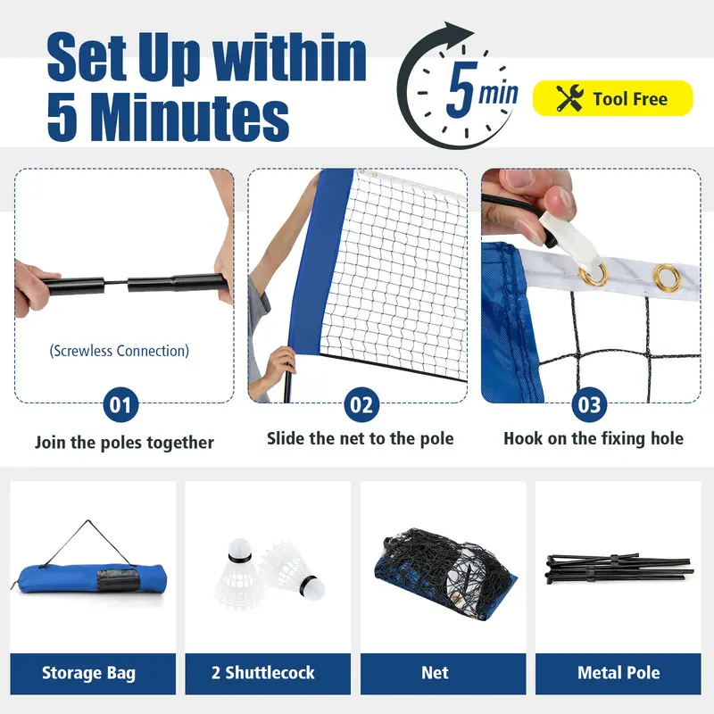 10-Foot Portable Multi-Sport Net Kit — Compact Setup for Badminton, Volleyball & Pickleball Play