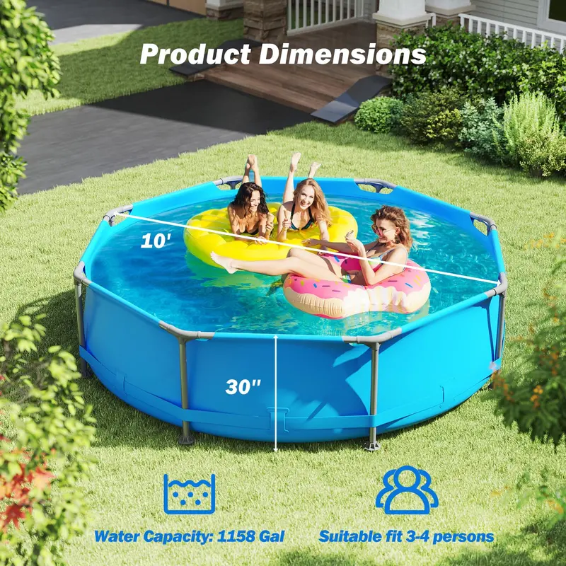 10-Foot Square Above-Ground Swimming Pool Kit for Families – Includes PVC Liner and Drain Valve