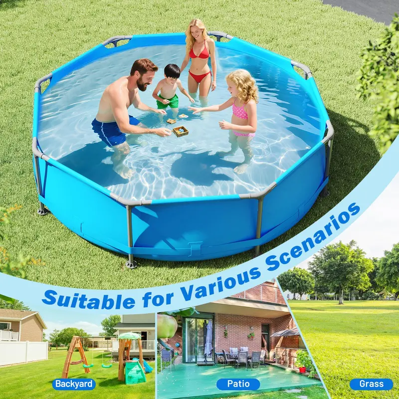 10-Foot Square Above-Ground Swimming Pool Kit for Families – Includes PVC Liner and Drain Valve