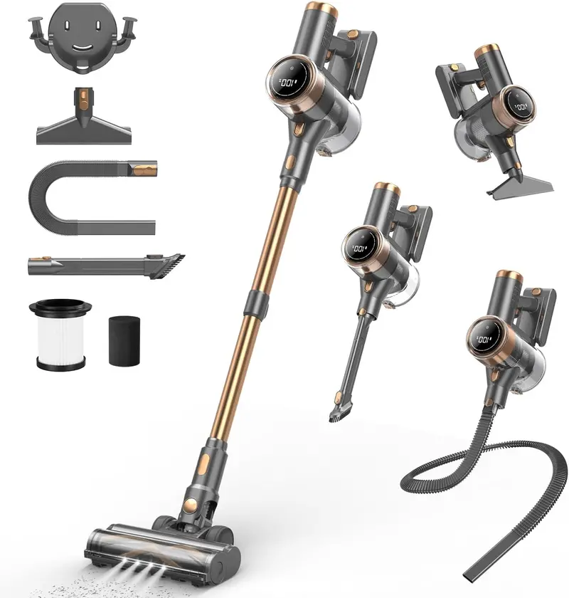 10-in-1 Gold Cordless Stick Vacuum – Touchscreen LED Interface, 45-Minute Battery Life, Lightweight Build for Hard Floors, Carpets, and Pet Hair Removal