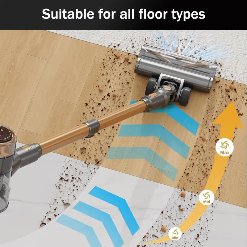 10-in-1 Gold Cordless Stick Vacuum – Touchscreen LED Interface, 45-Minute Battery Life, Lightweight Build for Hard Floors, Carpets, and Pet Hair Removal