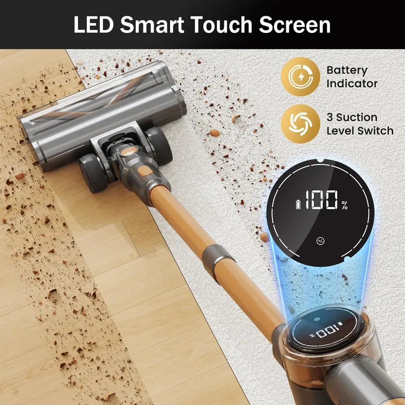 10-in-1 Gold Cordless Stick Vacuum – Touchscreen LED Interface, 45-Minute Battery Life, Lightweight Build for Hard Floors, Carpets, and Pet Hair Removal