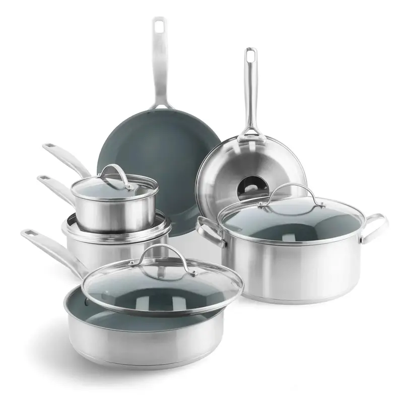 10-Piece Stainless Steel Cookware Set with Ceramic Nonstick Coating for Healthy Meals