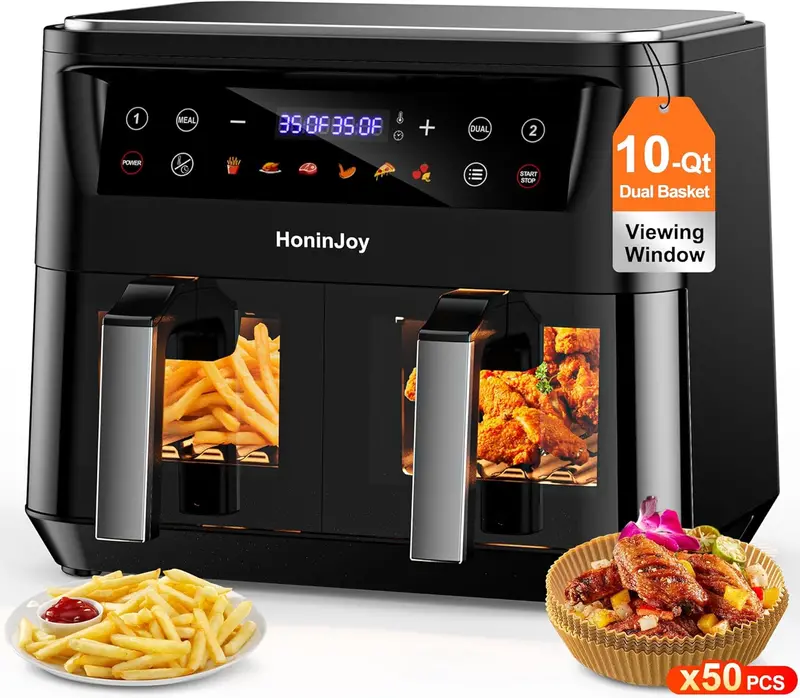 10-Quart Dual-Zone Digital Air Fryer – 10-in-1 Touchscreen Model with Viewing Window, SyncCook Technology & 50 Disposable Liners