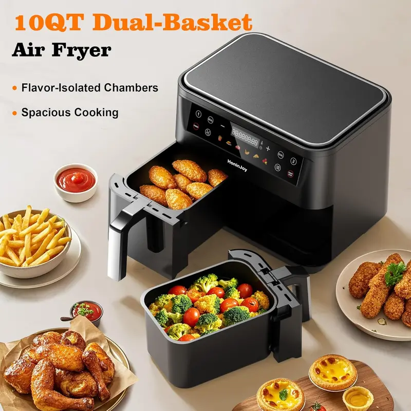 10-Quart Dual-Zone Digital Air Fryer – 10-in-1 Touchscreen Model with Viewing Window, SyncCook Technology & 50 Disposable Liners
