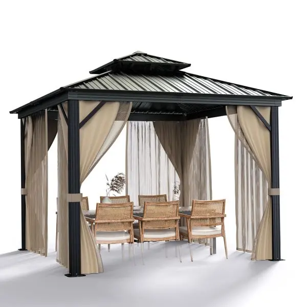 10' × 10' All-Weather Hardtop Gazebo – Dual Metal Roof, Aluminum Structure, Integrated Netting & UV-Blocking Curtains (Khaki)
