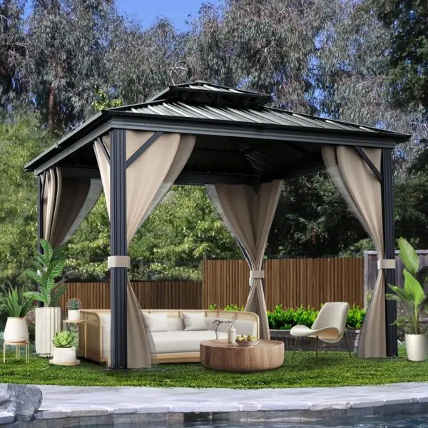 10' × 10' All-Weather Hardtop Gazebo – Dual Metal Roof, Aluminum Structure, Integrated Netting & UV-Blocking Curtains (Khaki) 2