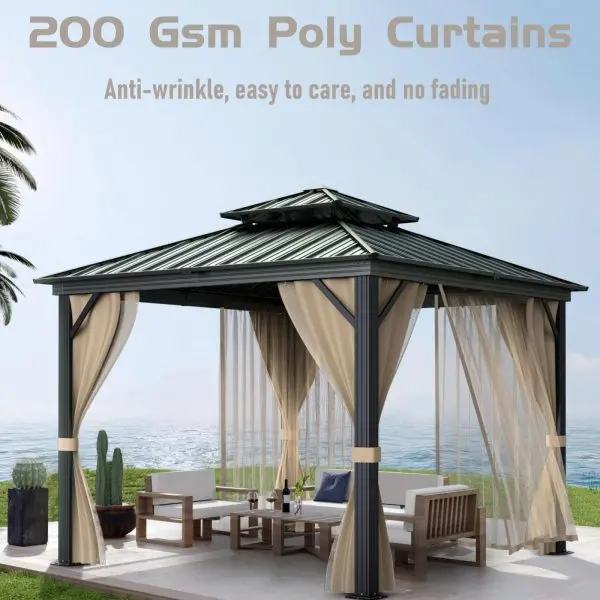 10' × 10' All-Weather Hardtop Gazebo – Dual Metal Roof, Aluminum Structure, Integrated Netting & UV-Blocking Curtains (Khaki)