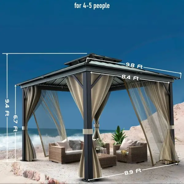 10' × 10' All-Weather Hardtop Gazebo – Dual Metal Roof, Aluminum Structure, Integrated Netting & UV-Blocking Curtains (Khaki)