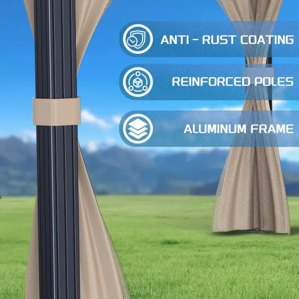 10' × 10' All-Weather Hardtop Gazebo – Dual Metal Roof, Aluminum Structure, Integrated Netting & UV-Blocking Curtains (Khaki)