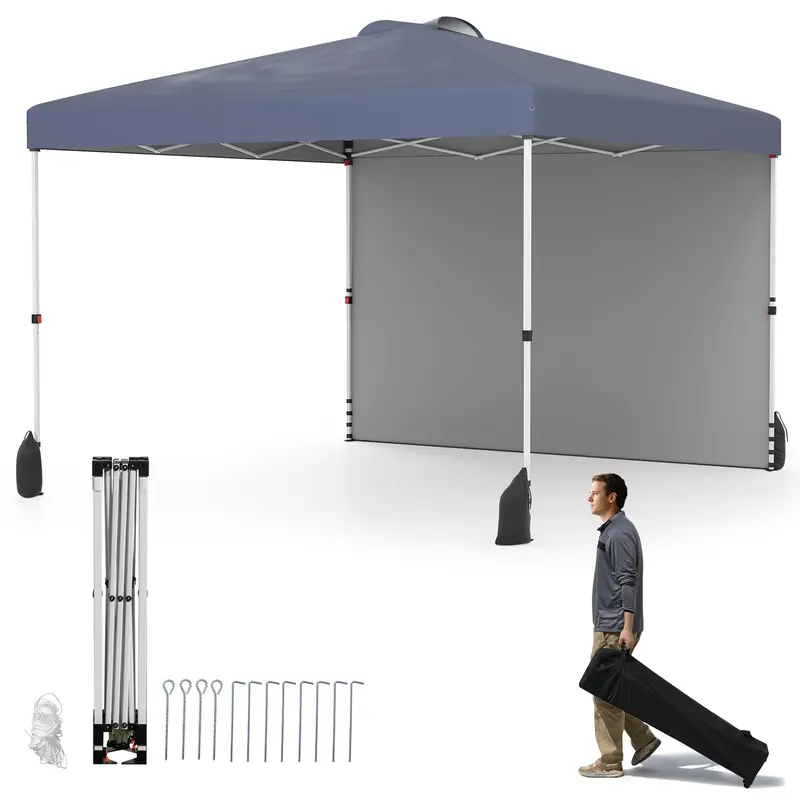 10 x 10 Foot Portable Pop-Up Canopy Tent with One Sidewall & Wheeled Storage Bag