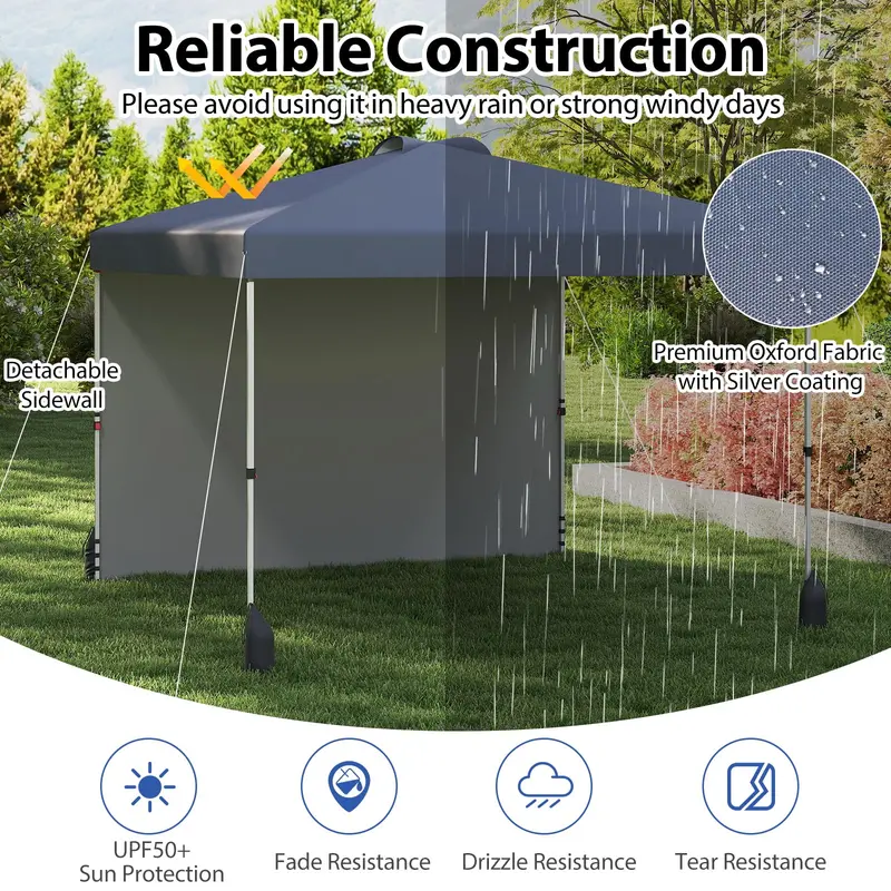 10 x 10 Foot Portable Pop-Up Canopy Tent with One Sidewall & Wheeled Storage Bag
