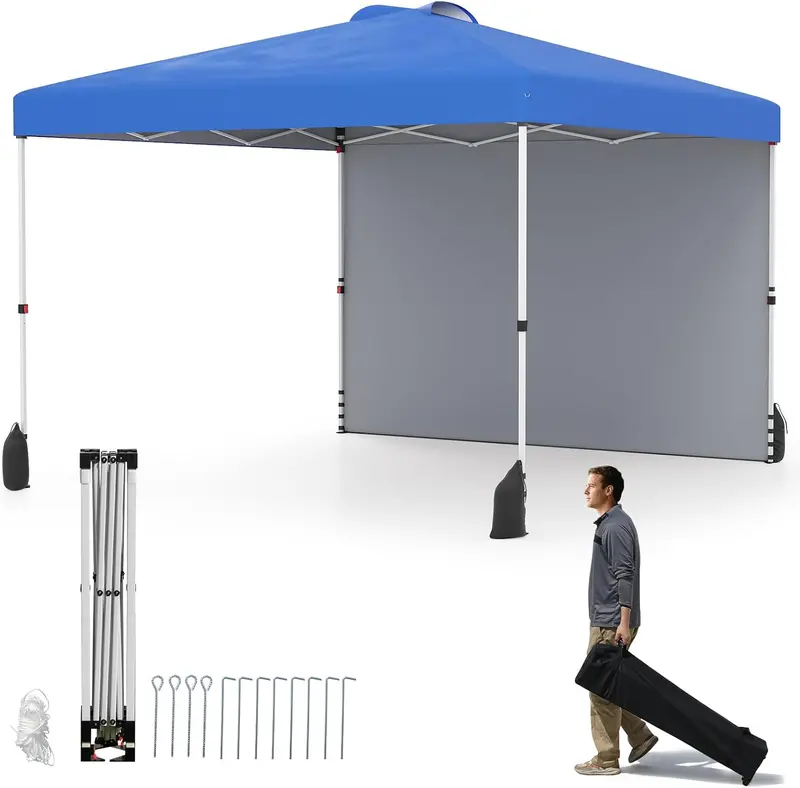 10 x 10 Foot Portable Pop-Up Canopy Tent with One Sidewall & Wheeled Storage Bag