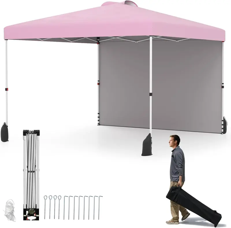 10 x 10 Foot Portable Pop-Up Canopy Tent with One Sidewall & Wheeled Storage Bag