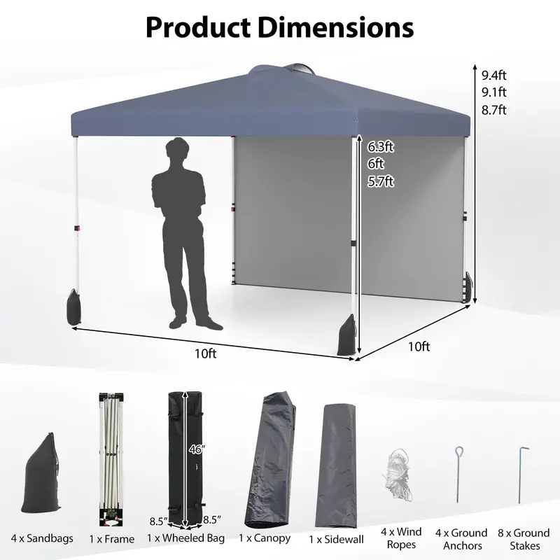 10 x 10 Foot Portable Pop-Up Canopy Tent with One Sidewall & Wheeled Storage Bag
