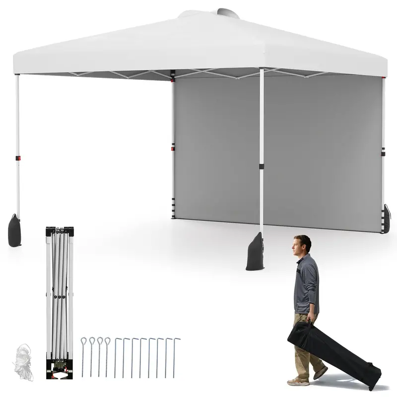 10 x 10 Foot Portable Pop-Up Canopy Tent with One Sidewall & Wheeled Storage Bag
