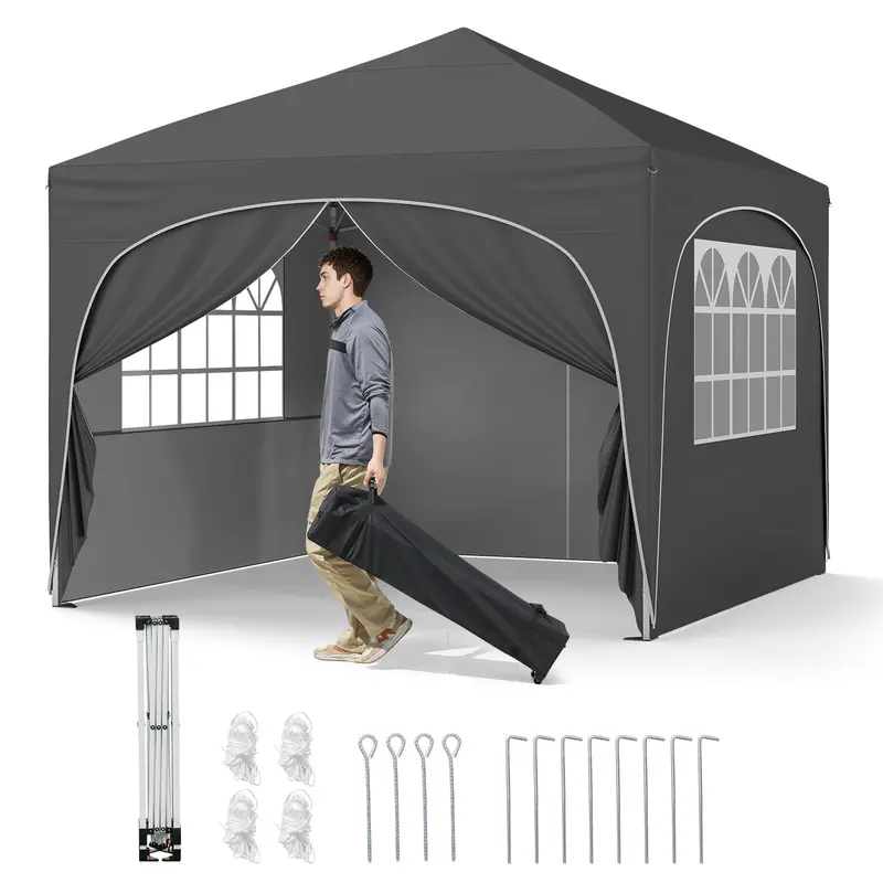 10' x 10' Pop-Up Canopy Tent with Four Zippered, Removable Sidewalls