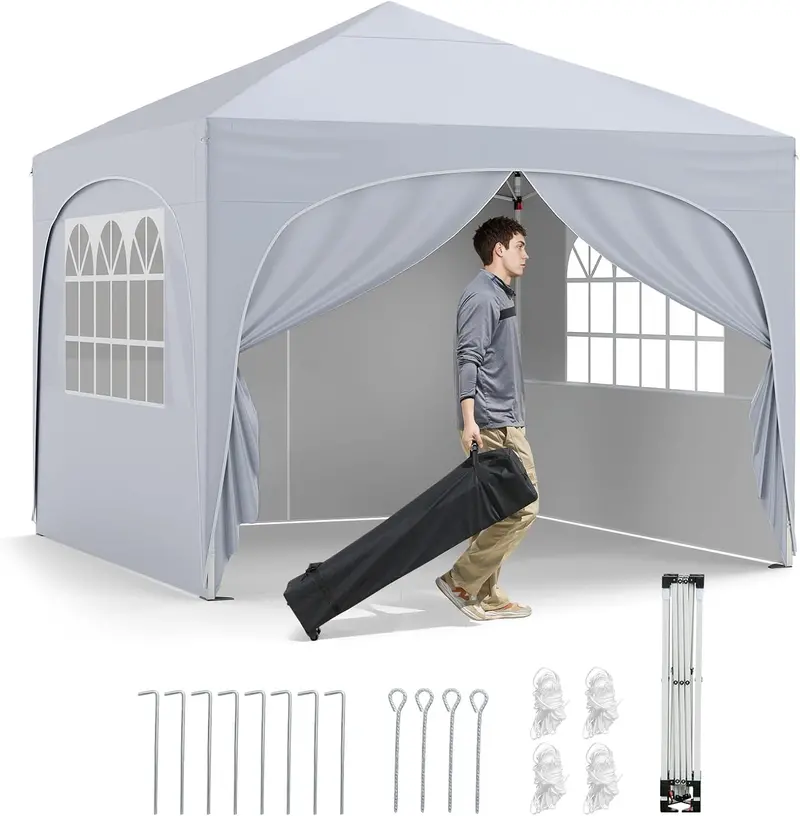 10' x 10' Pop-Up Canopy Tent with Four Zippered, Removable Sidewalls