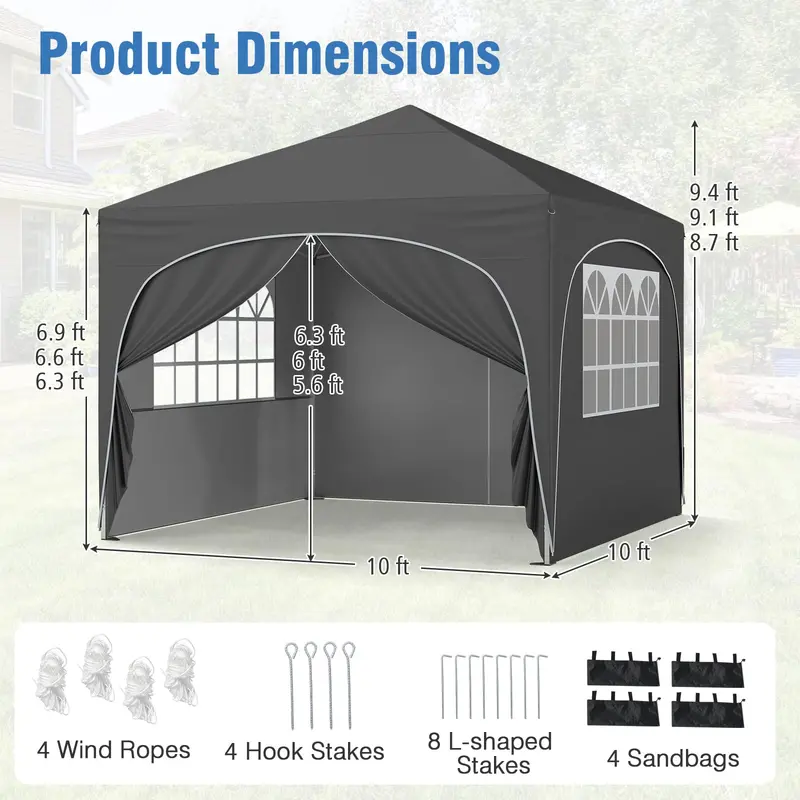 10' x 10' Pop-Up Canopy Tent with Four Zippered, Removable Sidewalls