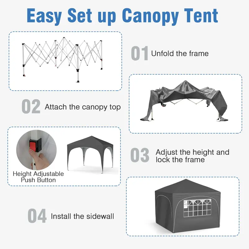 10' x 10' Pop-Up Canopy Tent with Four Zippered, Removable Sidewalls