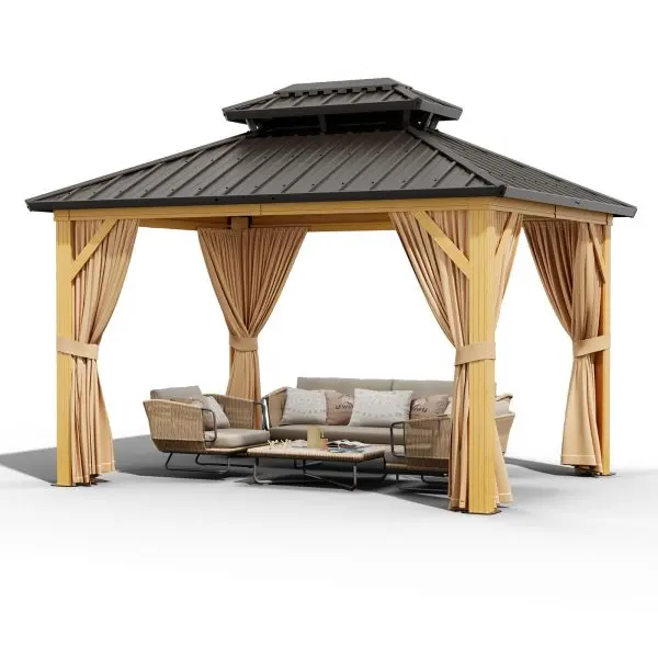 10' × 13' Galvanized Hardtop Gazebo with Double Roof – Aluminum Frame, Mosquito Netting & Sunshade Curtains (Khaki)