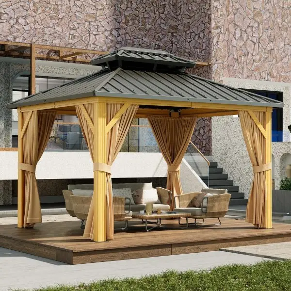 10' × 13' Galvanized Hardtop Gazebo with Double Roof – Aluminum Frame, Mosquito Netting & Sunshade Curtains (Khaki) 2